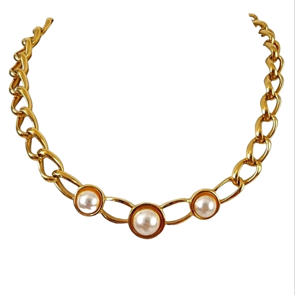 Vintage Napier Chunky Chain Necklace Open Link Cream Faux Pearl Cabochons - Picture 2 of 11